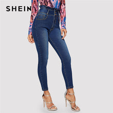 Load image into Gallery viewer, SHEIN Navy Ruffle High Waist Button Front Skinny Jeans Weekend Casual Solid Pants Summer Women Going Out Trousers
