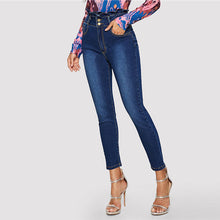 Load image into Gallery viewer, SHEIN Navy Ruffle High Waist Button Front Skinny Jeans Weekend Casual Solid Pants Summer Women Going Out Trousers