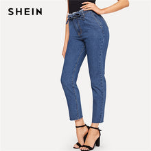 Load image into Gallery viewer, SHEIN Blue Frayed Edge Self Belted Zipper Fly Jeans Women Crop Pencil Trousers Office Lady Spring Workwear Casual Denim Pants
