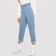 Load image into Gallery viewer, SHEIN Blue Paperbag Waist Bleach Wash Skinny Zipper Fly Jeans Women Office Lady Minimalist 2019 Spring Fashion Solid Trousers